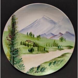 Vintage Hand Painted Decorative Plate 7" Signed House Trees Mountains Long Road
